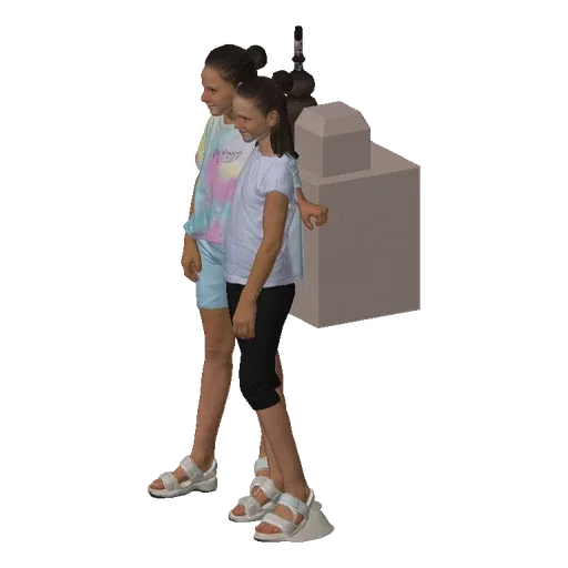 3D model of two young girls standing together, one with arms around the other, wearing casual clothes and sandals.