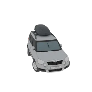 A 3D render of a silver SUV with a dark gray roof box mounted on its roof rails, viewed from a three-quarter front angle.
