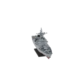 3D-Modell der russischen Fregatte „Neukrotimyy“ im Maßstab 1:24 auf einem Ständer, Vorder- und Draufsicht