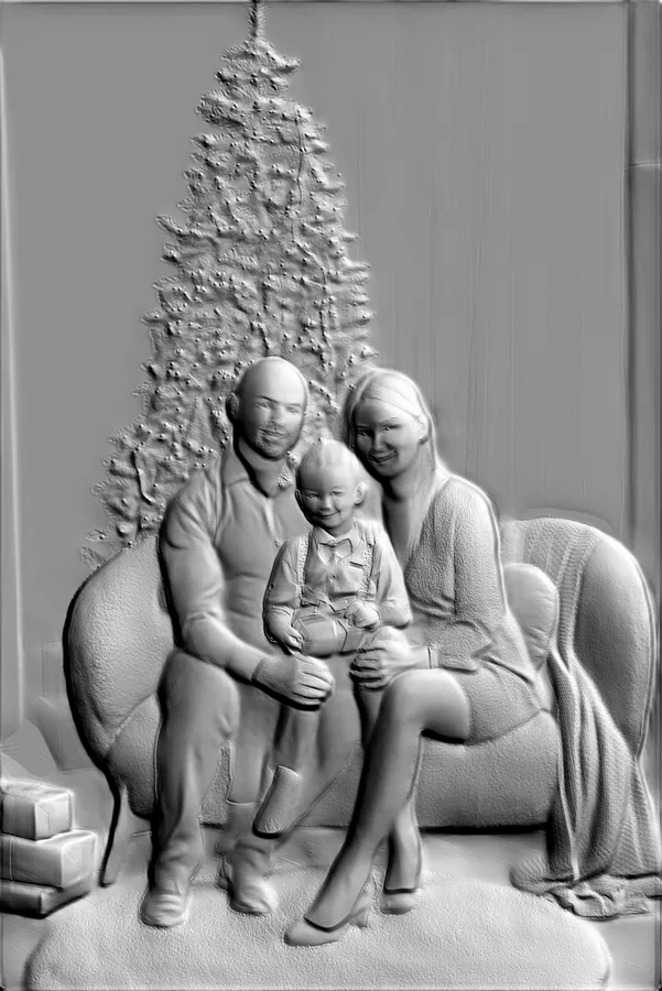3D model bas-relief: father, mother, and child sitting on a sofa by a Christmas tree.