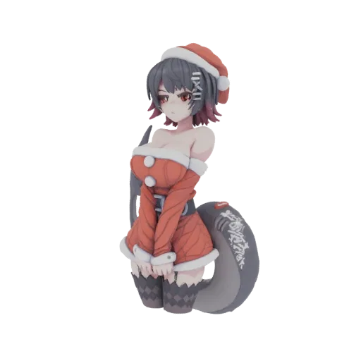 3D model of a cute anime girl in a Christmas outfit with a grey tail, wearing a Santa hat.