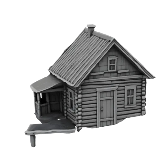 3D model of a rustic log cabin with a porch, featuring detailed log walls and a textured roof.