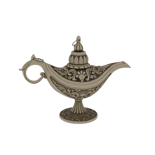 3D model of an ornate magic lamp with intricate carvings, a curved spout, and a detailed base, rendered on a white background