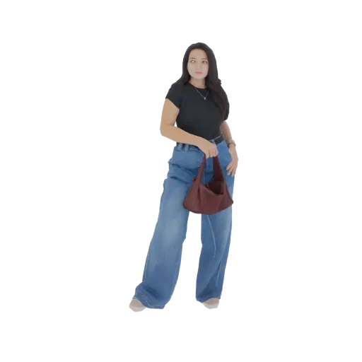 3D model of a woman with long dark hair, wearing blue wide-leg jeans and a black t-shirt, holding a burgundy handbag.