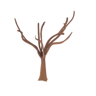 A 3D model of a bare tree with a brown trunk and intricate branches against a white background.