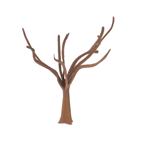A 3D model of a bare tree with a brown trunk and intricate branches against a white background.