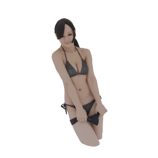 3D-Modell einer jungen Frau im dunklen, glitzernden Bikini, kniend und ihre Hose richtend mit verspieltem Ausdruck.