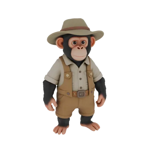 3D model of a chimpanzee explorer in a hat and outfit, standing on a white background