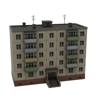 Modelo 3D de un edificio de apartamentos soviético de color beige claro con múltiples pisos, balcones y antenas en el tejado.