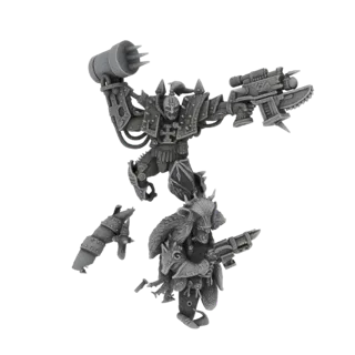 Modelo 3D de un Señor de Marines Espaciales del Caos en pose dinámica, empuñando una gran maza de energía y un rifle de torni