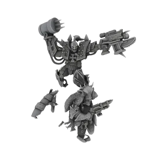 Modelo 3D de un Señor de Marines Espaciales del Caos en pose dinámica, empuñando una gran maza de energía y un rifle de torni