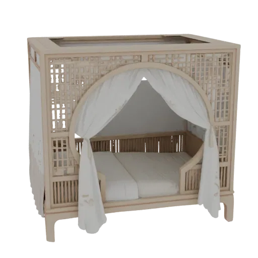 3D model of a traditional Chinese canopy bed with intricate wooden lattice work and white flowing drapes.