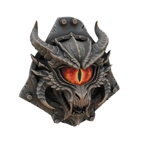3D model of a dragon's head with red glowing eyes and armored backing, designed as a wall mount.