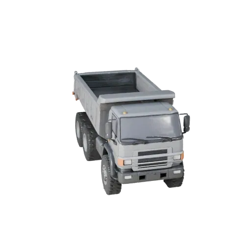 Modello 3D di un dumper pronto per il gioco, vista studio a tre quarti, asset veicolare pronto per la produzione con massa ve