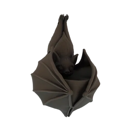 A dark, stylized 3D model of a bat sleeping while hanging upside down, with its wings wrapped around its body.