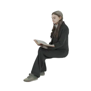 Modelo 3D de joven con cabello castaño, vistiendo un traje oscuro, sentada leyendo un libro abierto.