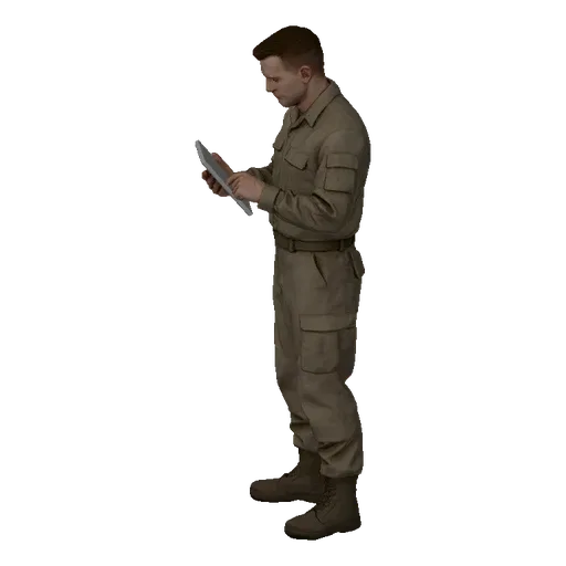 3D model of a male soldier in a tan uniform, standing and looking down at a tablet he holds in his hands.
