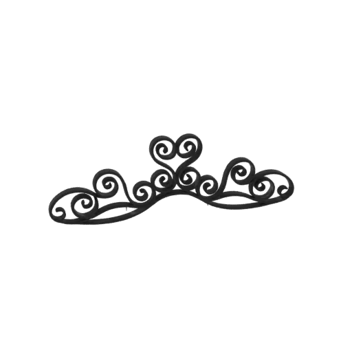 3D model of an ornate black tiara with swirling patterns and a central heart-like design, set against a white background.