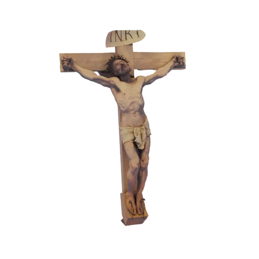3D model of Jesus Christ on the cross, showing his emaciated body, crown of thorns, and loincloth, with the INRI sign on the