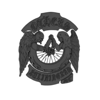 3D-Modell eines Motorradclub-Emblems mit einem Engel und einem Dämon im Armdrücken über einem Rad, Text lautet 'OTHERS' und '