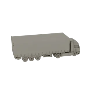 3D model of a grey tarpaulin trailer truck, viewed from the side, with multiple wheels on the trailer.