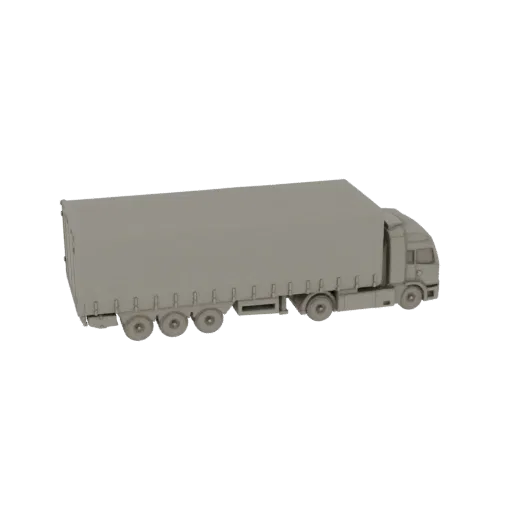 3D model of a grey tarpaulin trailer truck, viewed from the side, with multiple wheels on the trailer.