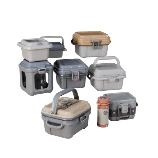 Travel Toolbox 3D model, three-quarter front view, Unreal Engine viewport, showing plastic, usable openings.