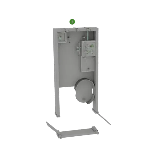 Modèle 3D d'un cadre de réservoir encastré gris avec détails de plomberie internes et une pédale argentée à la base.