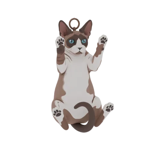 3D model of a Devon Rex cat ornament with blue eyes, sitting with paws raised, against a white background.