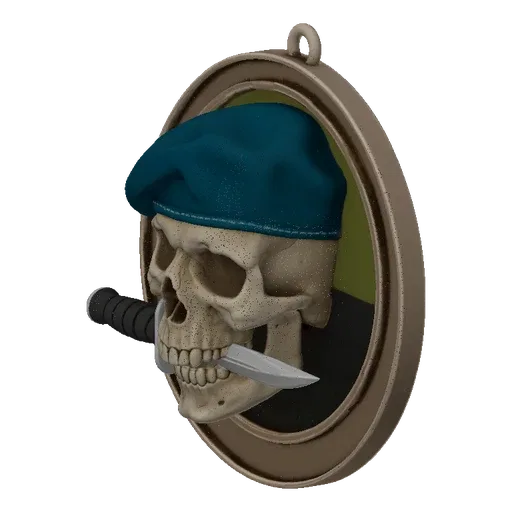 3D model of a human skull wearing a blue beret and a bayonet, set within a circular frame.