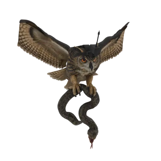 A 3D model of a fierce eagle owl with wings spread, holding a coiled snake in its talons, against a white background.