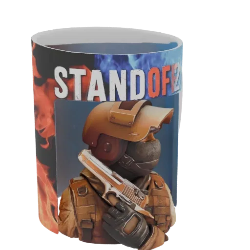 3D model of a Standoff 2 themed mug featuring a soldier character holding a pistol, with the game's logo and fiery graphics.