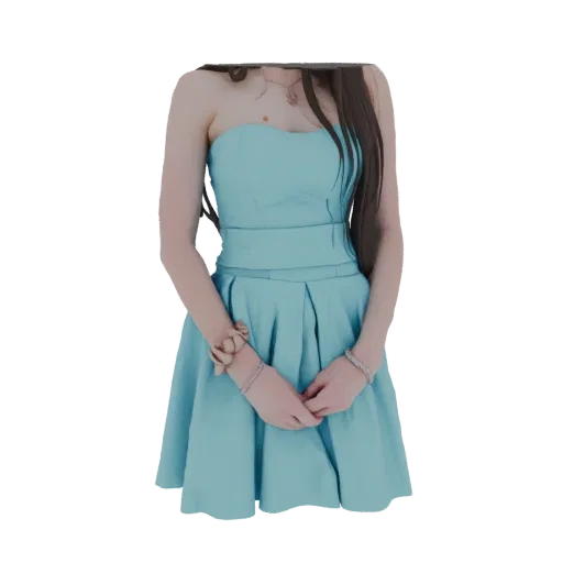 3D model of a strapless blue dress with a pleated skirt and cinched waist, shown from the front.