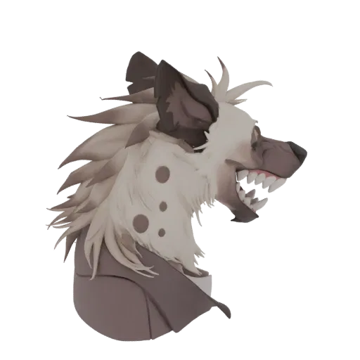 3D model of a hyena head in a fierce roaring pose, with detailed fur, sharp teeth, and spotted markings, presented against a
