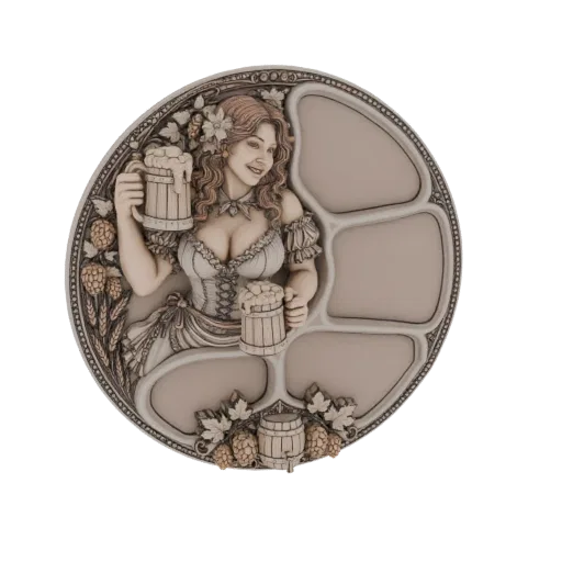 Modelo 3D de uma donzela bávara sorridente em traje tradicional, segurando duas canecas de cerveja, com um prato apresentando