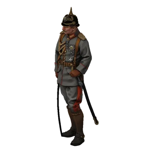 3D model of a German Imperial Officer in a grey uniform, wearing a Pickelhaube helmet and holding a sword.