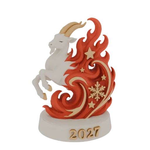 3D model of a white goat leaping amidst red flames, with stars and a snowflake, on a base marked '2027'.
