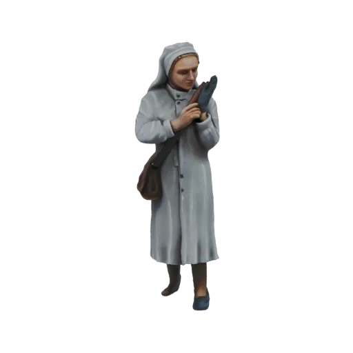 3D model of a World War 1 nurse in uniform, holding bandages, with a shoulder bag.