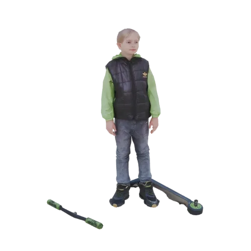 3D model render of a young boy with blonde hair, wearing a green hoodie and black puffer vest, standing on a scooter base wit