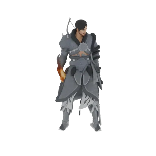 3D model of a fantasy archer with dark hair, beard, wearing grey armor, holding a bow, with a fiery effect on their right han