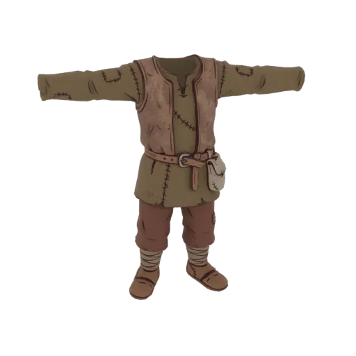 Modello 3D di abito da contadino medievale, con tunica rattoppata, gilet in pelle, pantaloni, cintura e sacca.