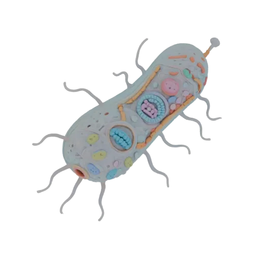 A detailed 3D model of a bacterium, showing its internal structures like the nucleoid and ribosomes, and external flagella.