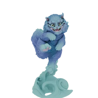 3D-Modell einer blauen Grinsekatze mit breitem Grinsen, springend auf einem wirbelnden türkisfarbenen Sockel, vor weißem Hint