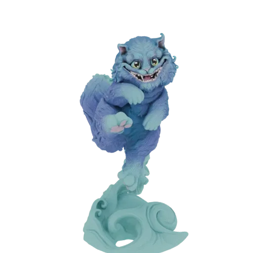 Modelo 3D de um Gato Risonho azul com um sorriso largo, saltando sobre uma base turquesa rodopiante, contra um fundo branco.