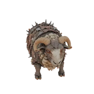 3D model of a monster ram in rusty armor with spikes and cracked horns, front view