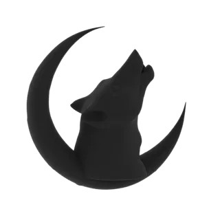 Modello 3D di un lupo nero che ulula con la testa all'indietro, in silhouette contro una luna crescente scura.