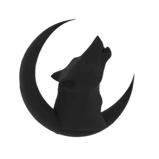 Modello 3D di un lupo nero che ulula con la testa all'indietro, in silhouette contro una luna crescente scura.