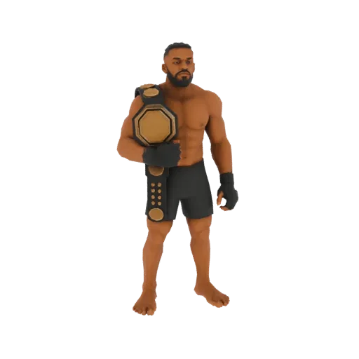 3D model of a muscular MMA fighter holding a championship belt, with a determined expression.