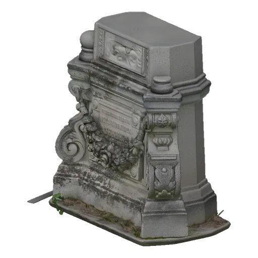 3D model of an ornate, weathered stone monument with classical carvings and a detailed floral wreath.