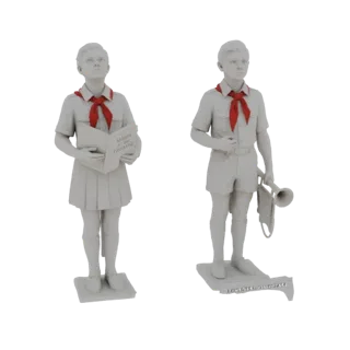 Modello 3D di due bambini Pionieri Sovietici, una bambina con un libro e un bambino con una tromba, su sfondo bianco.
